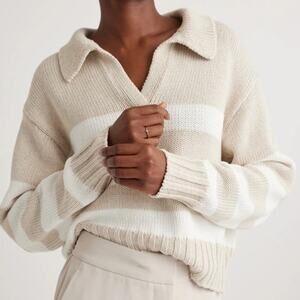 Quince Cream and White Striped V-Neck Collared Sweater